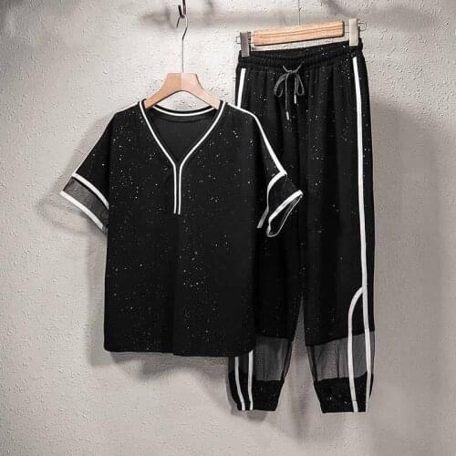 Summer Womans Mesh Short Sleeve T-shirts+Elastic Waist Straight-Leg Pants Suits Casual Loose Thin Mesh Stitching Two-piece Suit