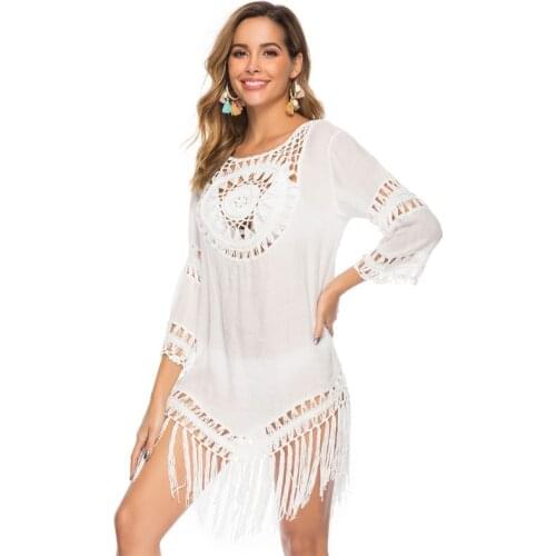 Women Hollow Crochet Swimsuit Cover Ups Fringe Tassels Asymmetric Beach Dress A69C