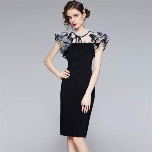 Summer French Style Vintage Black Dress Women Embroidery Patchwork Mesh Dress Designer Ruffle HIgh Quality Party Sheath Dreses
