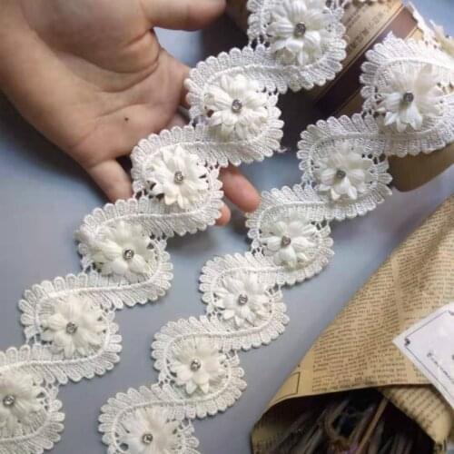 10pcs/lot Soluble Ivory Pearl Flowers Polyester Embroidered Lace Trim Ribbon Handmade Sewing Craft For Costume Hat Decoration