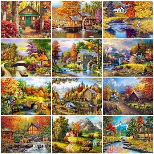 14/18/22/25/28CT Only 11CT printing House Full Embroidery Landscape Autumn Cross Stitch Home Decor