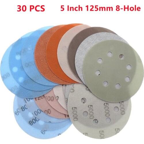 30PCS 5 Inch 125mm 8-Hole FV Superfine Wet/Dry Hook & Loop Auto Body Film Sanding Discs Paint Abrasive Sandpaper, 600#-5000