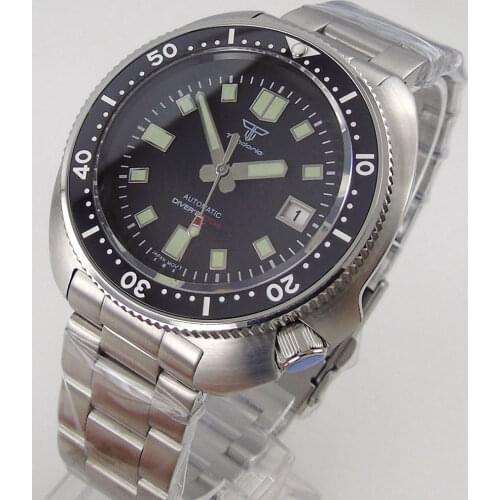 44mm Tandorio sterile black dial bracelet NH35 Automatic Steel diving mens Watch