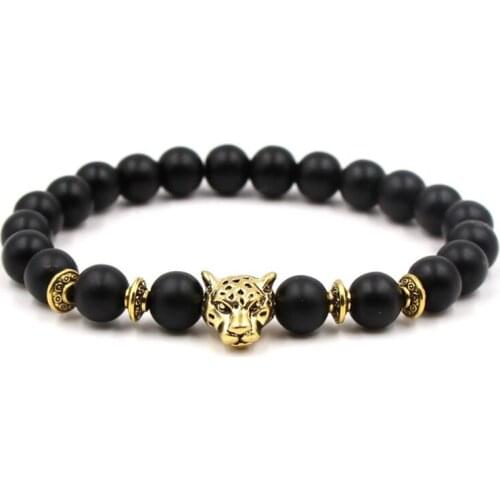 8mm adjusted Charm head nature stone bead copper Frosted agate Onyx Bracelet 4df leopard head Reiki Chakra Buddha Yoga