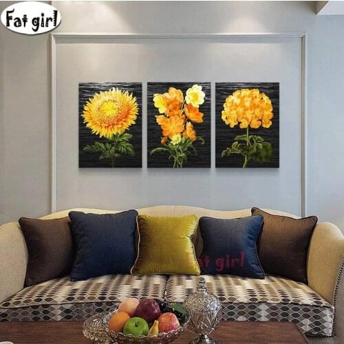 Diamond embroidery sunflower 5D diamond painting cross stitch square round diamond mosaic yellow flower black background 3 piece