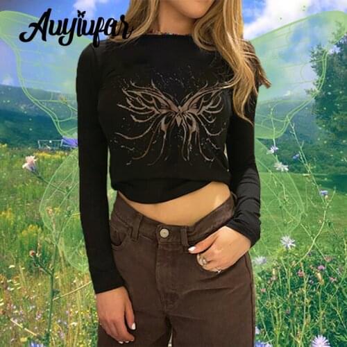 Auyiufar Wing Pattern Fairy Grunge Crop Tops Vintage Y2K Goblincore Long Sleeve Tee For Girl Slim Bodycon Cute One Piece T Shirt