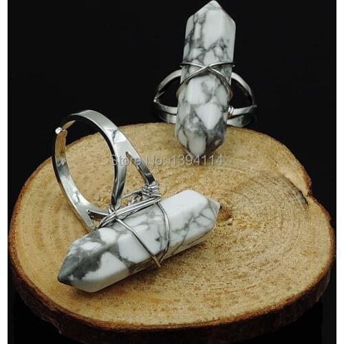 White Calaite Stone Double Points Adjustable Ring Hexagon Pillar Wrapped Copper Wire Of Plating Gold And Silve r Approx 32*9 mm