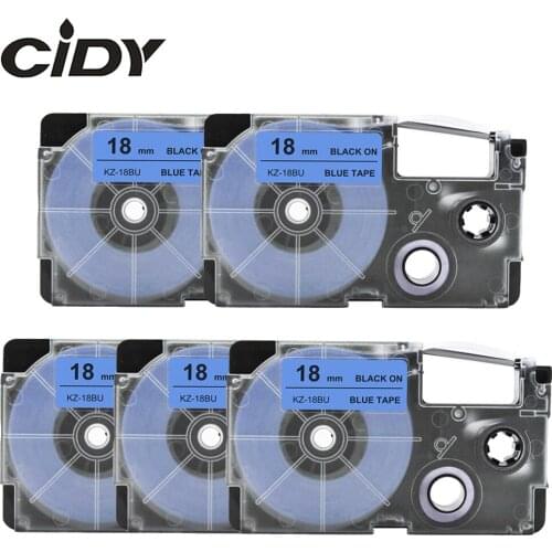 CIDY 5pks XR-18BU XR 18BU 18mm black on blue label compatible for Casio label printer adhesive tapes for KL-60 KL-60SR KL-120