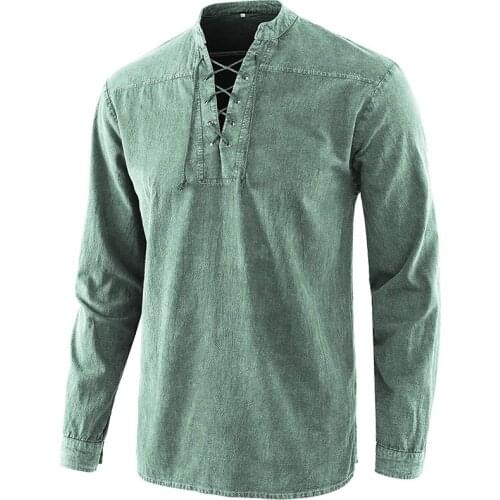 Gothic T shirt Tee Lace Up V Neck Retro Men Cotton Long Sleeve Tee Shirt Loose Tops Vintage Vikings Pirate Costume Outfit 2021