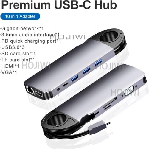 HOJIWI 10 IN 1 usb c docking station laptop type-c card reader hub Gigabit Ethernet VGA Adapter Type C Hub USB-C To HDMI 4K AA09