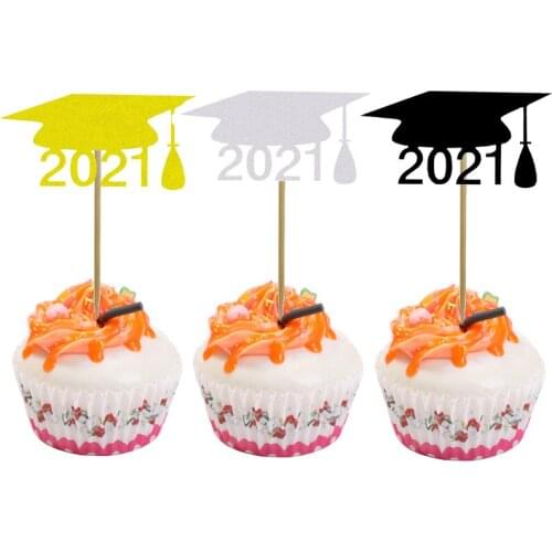 2021 Graduation Cap Cake Toppers Card Banner Cake Top Flags Graduation Party Decoration Baking Supplies 10pcs