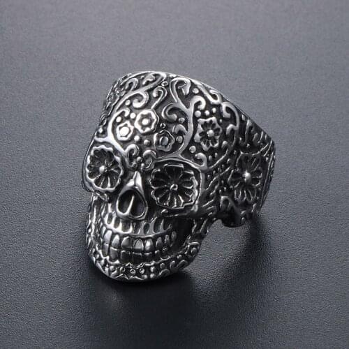 Punk Gothic Bumps Flower Skull Ring for Men And Women Stainless Steel Skull Biker Ring Cool Hip Hop Jewelry Drop Shipping