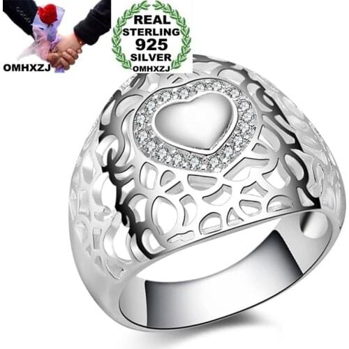 OMHXZJ Wholesale Personality Fashion OL Woman Girl Party Wedding Gift Heart Hollow AAA Zircon 925 Sterling Silver Ring RN263