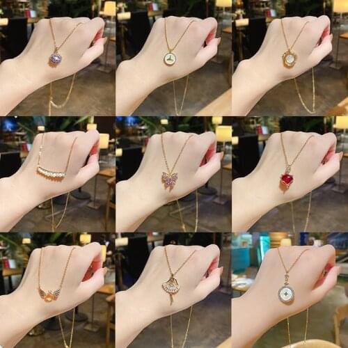 Korean Women Butterfly Pendant Necklaces Heart Shape Chain Choker With Rhinestones Stainless Steel Statement Necklace Jewelry