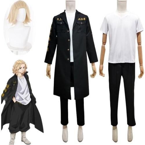 Anime Tokyo Revengers Mikey Sano Manjiro Cosplay Costume Tokyo Manji Gang Uniform Black Cloak Wig Shoes Halloween Party Suit