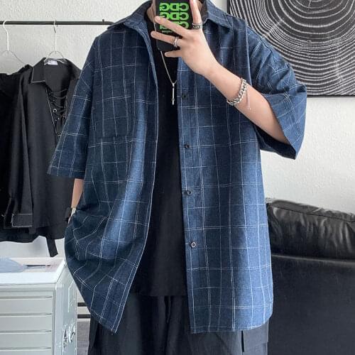 Summer Plaid Shirt Men Korean Fashion Loose Business Casual Shirt Mens Social Retro Large Size Short-sleeved Shirt Men M-5XL