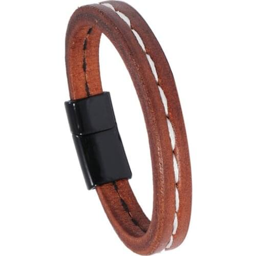 Fashion Casual Men Genuine Leather Bracelet Cuff Simple Charm Magnetic Button Brown Wristbands Wrap Bangle Vintage Women Jewelry