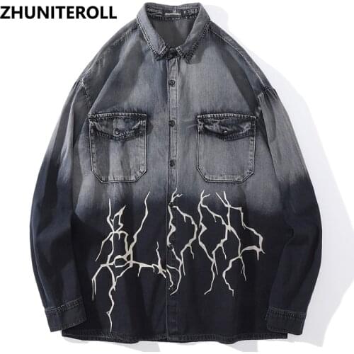 Gradient Men Denim Jacket Punk Rave Lightning Jean Bomber Jacket Coat Hip Hop Mens Fashion Trends Techwear Streetwear Clothing