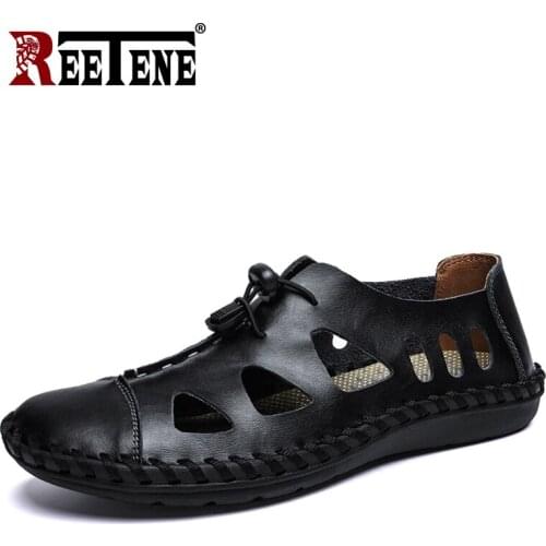 REETENE Big Size 38-48 Leather Men Sandals Summer Casual Sandals Men Outdoor Beach Sandals Male Comfort Breathable MenS Sandals