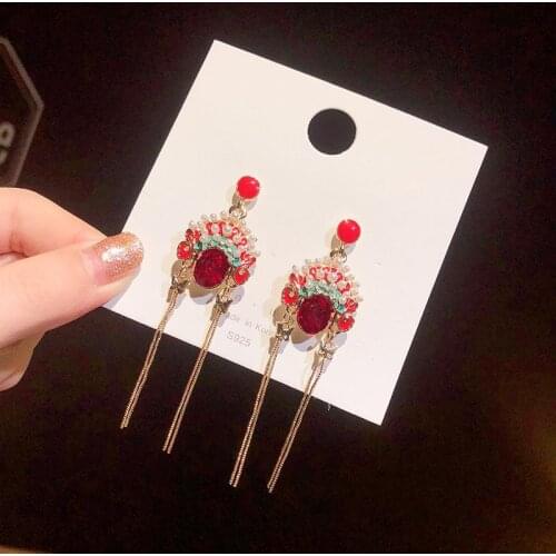New Fashion Retro Needle Facebook Opera Chinese Style Earrings Red Crystal Phoenix Crown Tassel