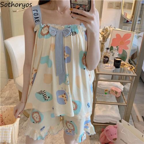 Pajama Sets Women Sling Bow Ruffles Spaghetti Strap Cartoon Printing Cute Girls Summer New Designed Ulzzang Comfortable Trendy