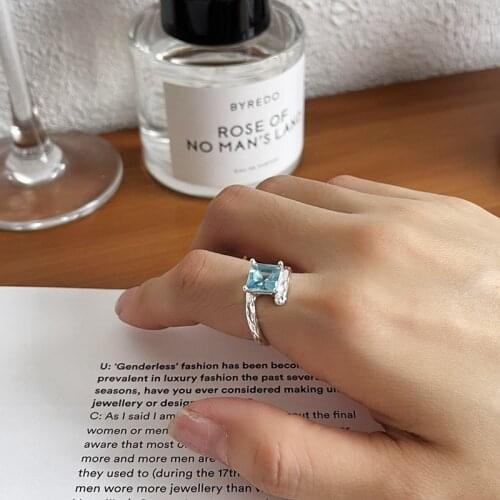 Silvology 925 Sterling Silver Blue Square Zirconia Rings for Women Irregular Stagger Texture Luxury Korea Rings Designer Jewelry