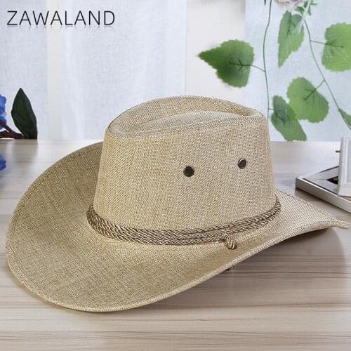 Zawaland Mens Summer Straw Hat Outdoor Sunscreen Cap Beach Crimping Sunshade Chapeau Western Cowboy Hat Adult Beach Caps