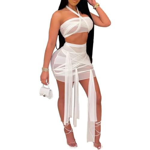 Sexy Crop Top Skirt Set Women 2 Pcs Tube Tops and Skirt Suits Solid Color Halter Tops and Bandage Tight Short Skirt Set