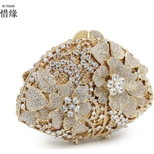 Bridal Metal Clutch Floral Bag Women Crystal Gold Evening Bag Wedding Party Handbags Purse Lady Diamond Rhinestone Clutches