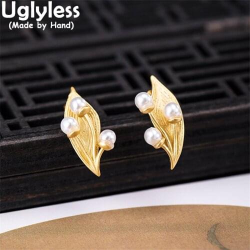 Uglyless Natural Pearls Leaves Jewelry Sets Women Gold 925 Silver Studs Earrings Rings Freshwater Pearls Flowers Brincos Bijoux