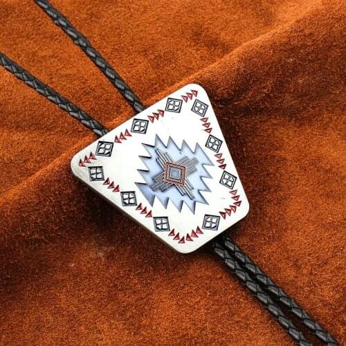 Vintage Western Cowboy Mens BOLO Tie Slide Clip Custom Totem PU Leather Rope