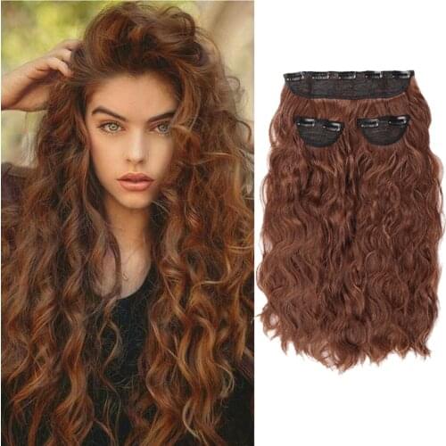 XUANGUANG Synthetic Long Curly Hair 20 Inches High Temperature Fiber Extension Hairpin Black Brown Wave Wig 3 Pieces/set Women