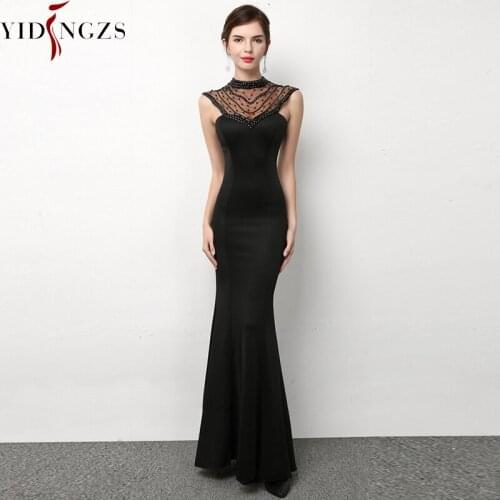 YIDINGZS Black Elegant Party Dress Backless See-through Beaded Long Evening Dress YD1445