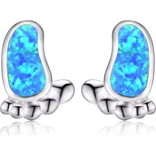 Cute Baby Foot Stud Earrings for Women Blue Fire Opal Small Earrings Silver Color Jewelry Accessories Best Gift Aretes De Mujer