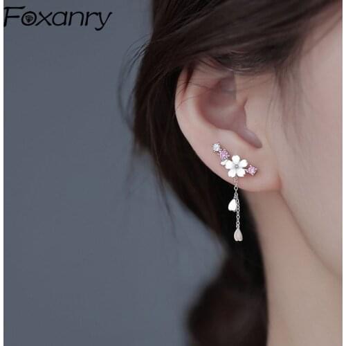 Foxanry Prevent Allergy 925 Sterling Silver Stud Earrings for Women New Trendy Elegant Flowers Tassel Party Jewelry Wholesale