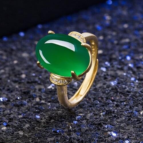 Charm Vintage Gold Color 925 Silver Rings For Women Grade A Natural Green Jade Open Wedding Engagement Rings Female Fine Jewelry