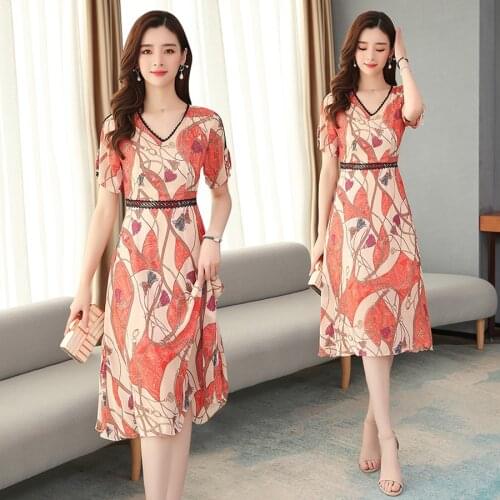 2021 Vintage Red Print Chiffon Sweet Midi Dresses Spring Summer 4XL Plus Size Runway Dress Elegant Women Bodycon Party Vestidos