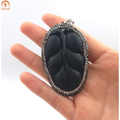 3Pcs Carving Banana Leaf Pendants Rhinestone Crystal Glass Black Bead For Women Pendant Wisdom Charm For Necklace Jewelry Making