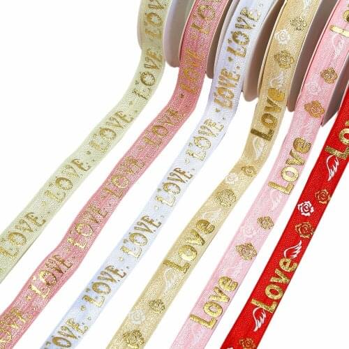 5/8" gold foil LOVE text Valentine design FOE fold over elastic for DIY ties garment cloth accessories welcome custom