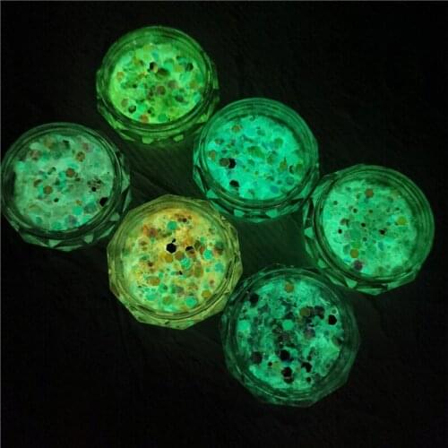 6Boxes Mermaid Glow in The Dark Nail Glitter Sequins 3D Nail Art Mixed Holographic Chunky Flakes UV Gel Nail Art Supplies