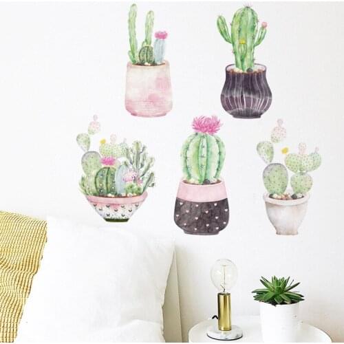 Water Color Cactus Potted Wall Sticker Living Room Background Decoration Mural Home Decor Stickers PVC Wallpaper
