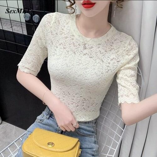 Hollow Out Summer Lace Blouses Women 2021 Elegant Fashion Casual Transparent Ladies Tops White Black Sexy Slim Korean Blouse XXL