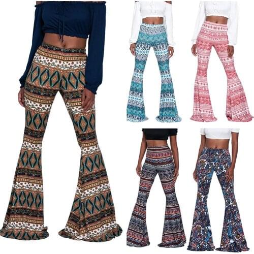 Boho Geometric Print Women High Waist Bell Bottom Loose Wide Leg Flared Pants