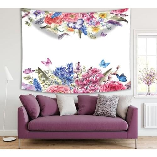 Tapestry Vintage Flowers Bouquet Hyacinths Daffodils Roses Butterflies and Feathers Botanical Watercolor Art Pink Blue Green