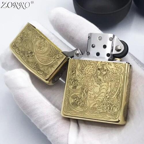 Zorro Kerosene Lighter Pure Copper Brass Carving Classic Lucky Brave Troops Pattern Gasoline Lighter Men Gift Outside Tool