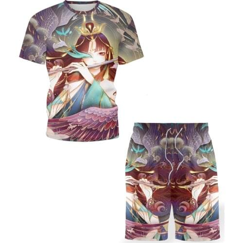 Summer mens casual sports suit 3D printing Harajuku new fashion personality short-sleeved two-piece street stretch T-shirt