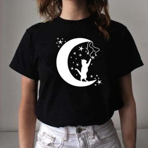 Fashion Animal Cat on The Moon Stars Night Print Tee Shirt Femme Summer Cotton T Shirt Women Tops Casual Harajuku Shirt T-shirt