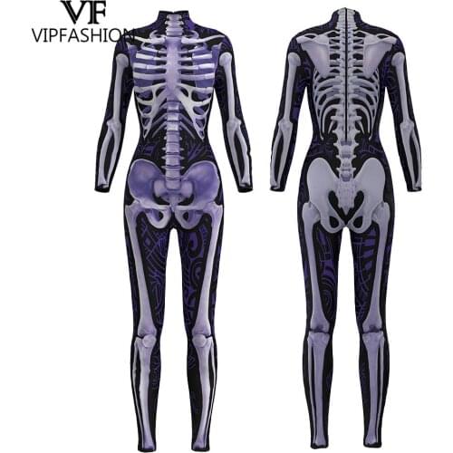 VIP FASHION 2019 New Design Cosplay Bodysuit 3D Skeleton Purple Print Rompers Halloween Dress Up Costumes For Women Jumpsuit