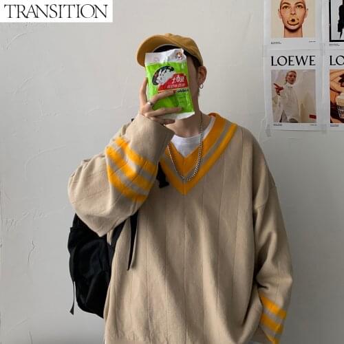 2021 mens autumn and winter wear long-sleeved sweater couple vest student V-neck pullover sweater trendy loose large size