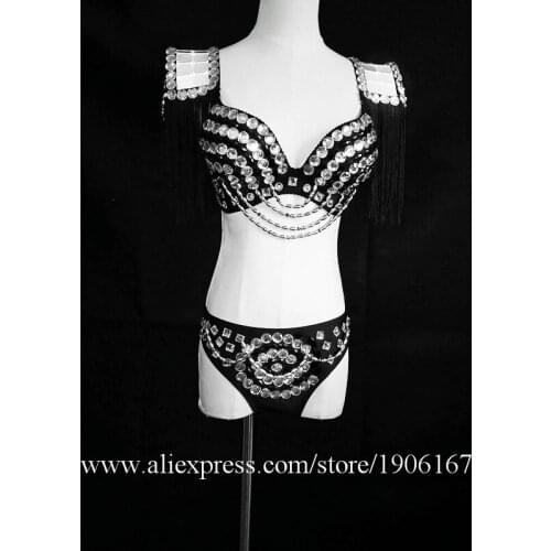 New Arrival Sexy Lady Party Evening Mirror Dress Shiny Rocking Style Nightclub DS Clothes Shoulder Bra Shorts Dance outfit Suit